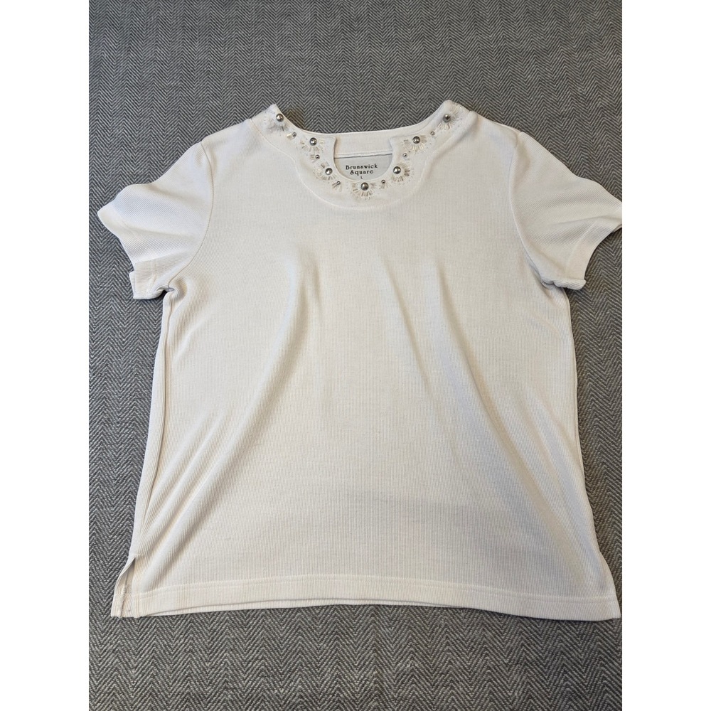 Brunswick Square Top Womens Large Cream Ribbed Slim Fit Short Sleeve Studded